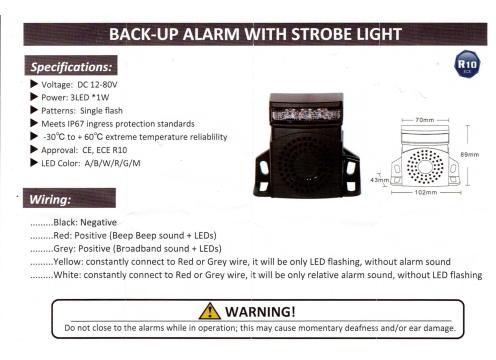 product image for Reverse alarm 10-80v with high power LED beacon